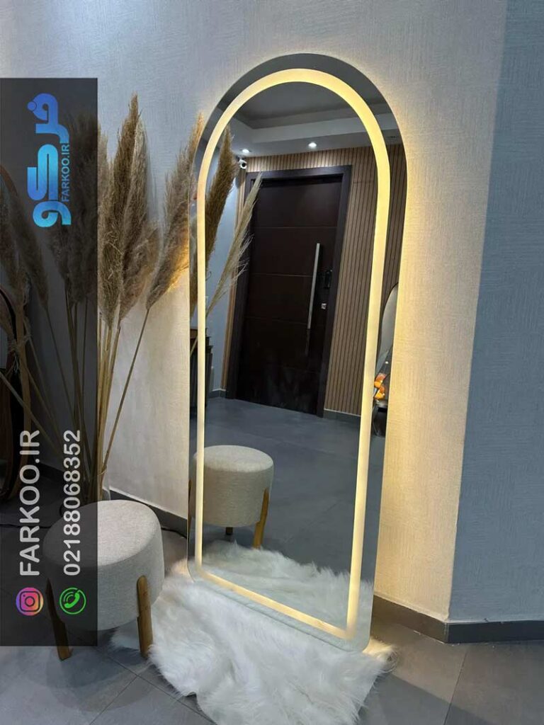 طرح آینه قدی پذیرایی مدل نور دار در شکل گنبدی مدل بدون فریم جدید