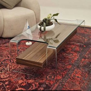 میز شیشه ای جلومبلی با شلف چوبی tl44