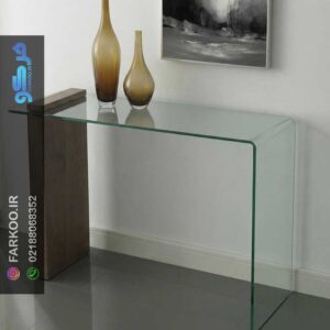 میز کنسول شیشه ای خم با پایه چوبی tl05