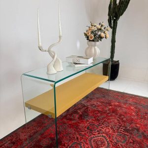 میز کنسول شیشه ای با شلف چوبی