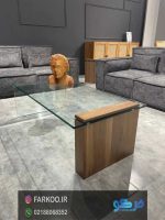 میز جلومبلی شیشه ای با پایه چوبی tl55